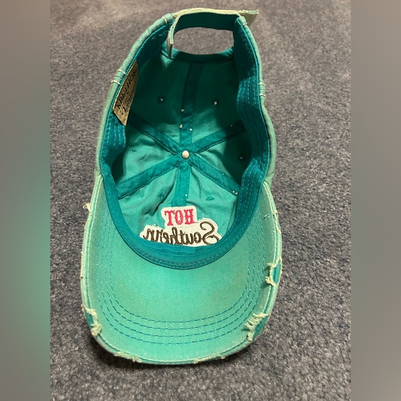 Teal Distressed Cap with Embroidered Patch that says “Hot Southern Mess” - Picture 3 of 4